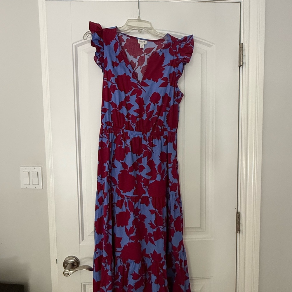 J. Crew Blue Maxi Dress with Burgundy Floral Print